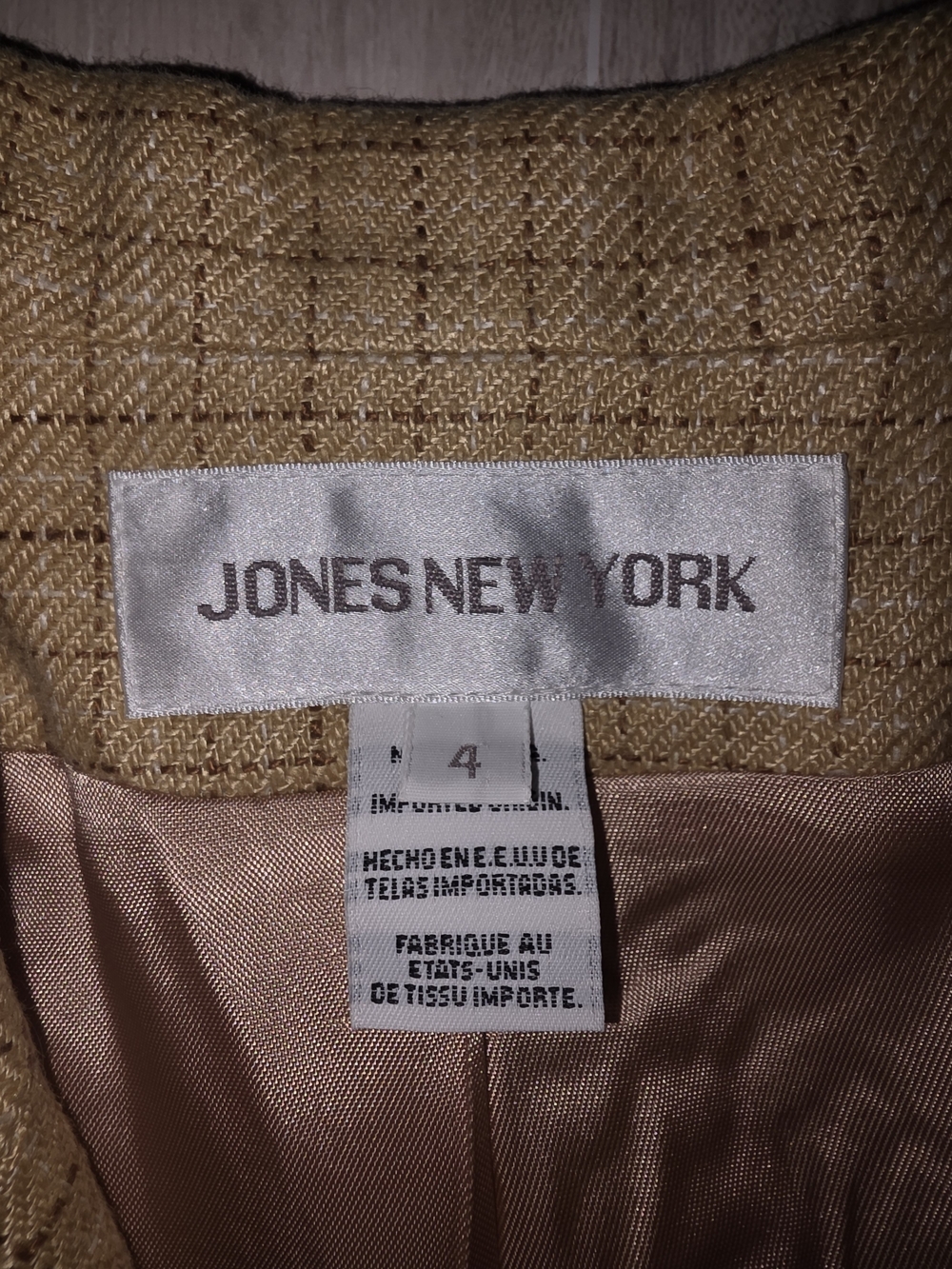 Vintage 1990s Jones New York Sz 4 Women's Beige Plaid Tailored Jacket - Picture 7 of 9